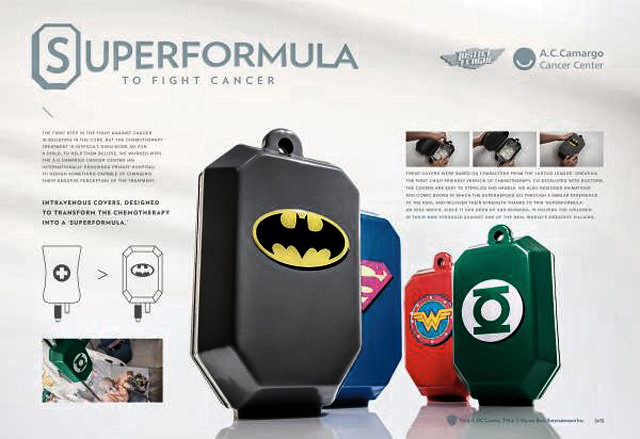 A poster that describes Superformula to fight cancer covers, which have superhero logos on the covers of chemo drips. There is a batman logo on the cover in the foreground. Photos and text explain how the cover is attached.